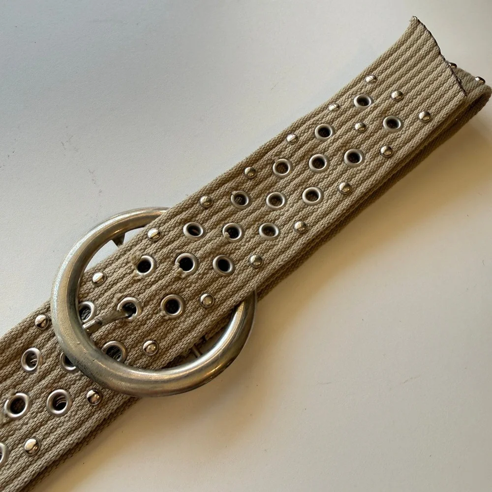 Womens Tan Canvas Grommet Studded Belt Silver Round Buckle Wide Utility Y2K